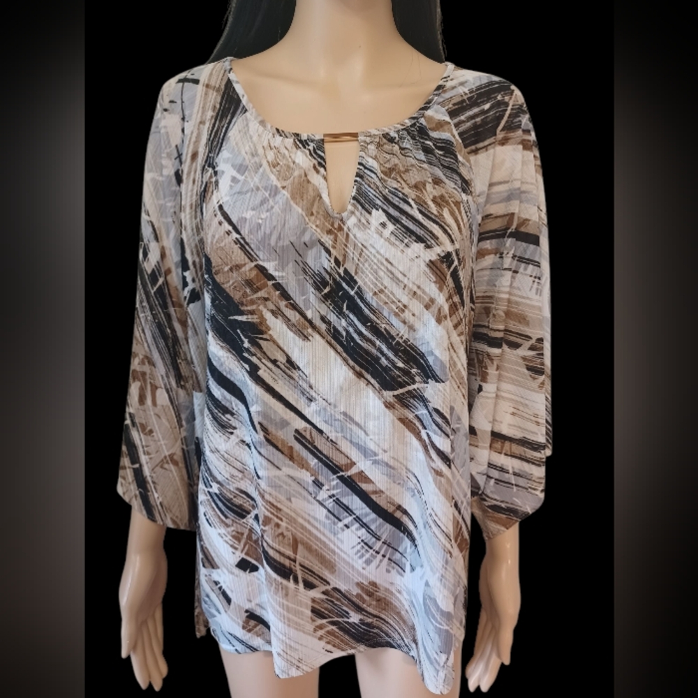 Dana Buchman White, Black & Brown Abstract Pattern Blouse - Picture 15 of 15